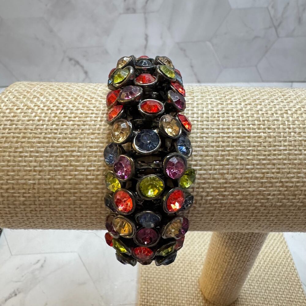 Chunky Multicolor Rhinestone Stretch Bracelet Gunmetal Tone 5 Row Jewel Tone EUC